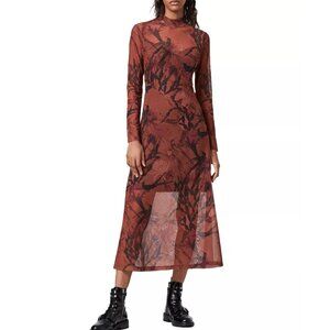 All Saints Burgundy Printed Mesh Midi/Maxi Dress, Size US 8